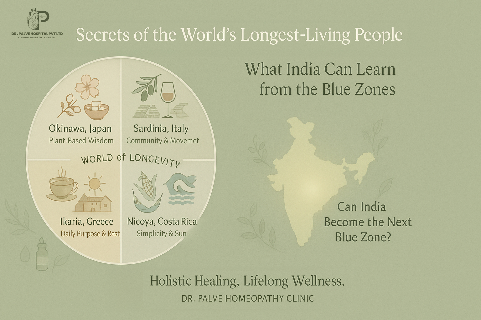 Infographic showing global Blue Zones and highlighting India's potential to become one through holistic healing, by Dr. Palve Homeopathy Clinic.