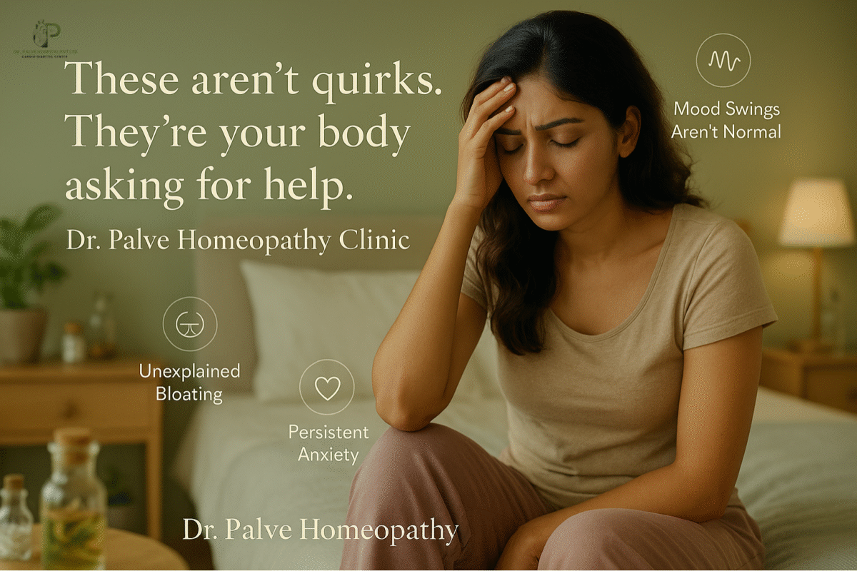 A woman sits on a bed with her hand on her forehead, appearing stressed or anxious. Text around her highlights symptoms like mood swings, anxiety, and bloating, with the logo and name of Dr. Palve Homeopathy Clinic.
