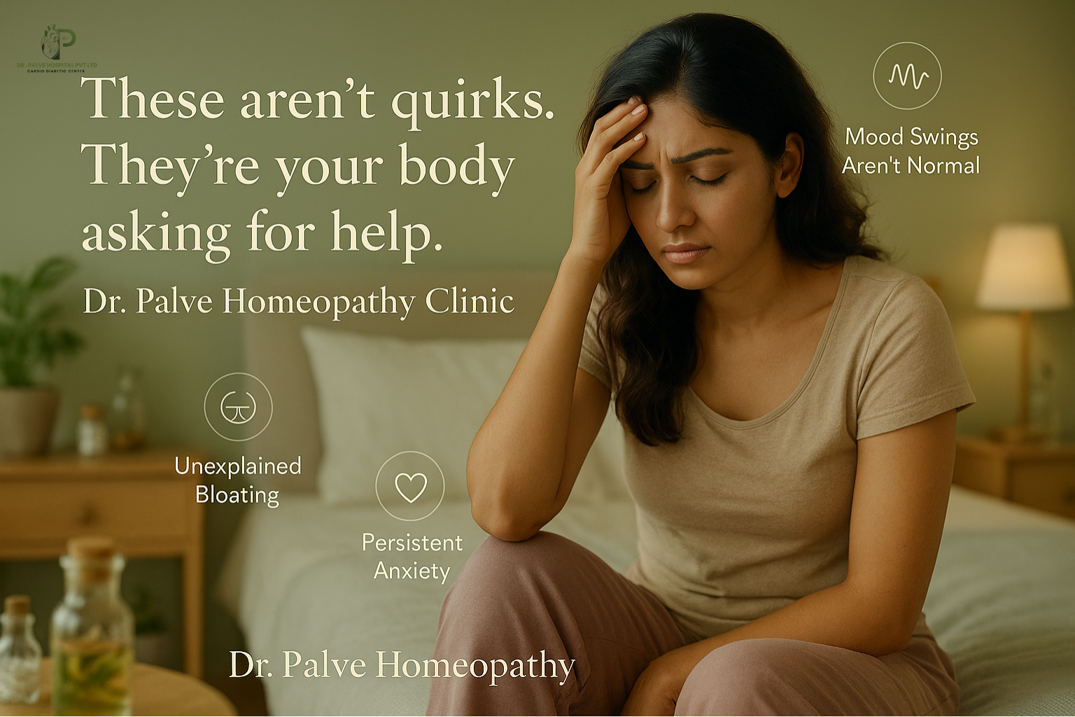 A woman sits on a bed with her hand on her forehead, appearing stressed or anxious. Text around her highlights symptoms like mood swings, anxiety, and bloating, with the logo and name of Dr. Palve Homeopathy Clinic.