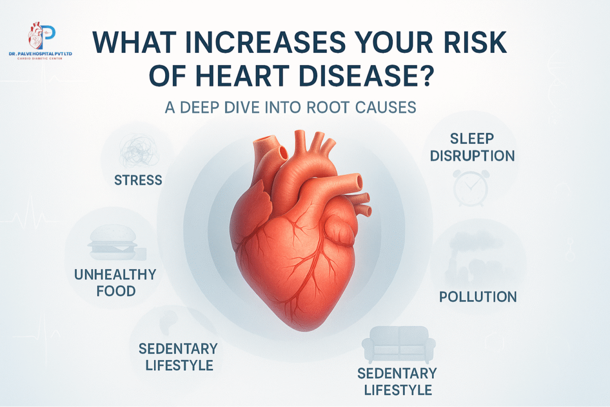 Illustration of a human heart surrounded by visual icons representing major heart disease risk factors like stress, poor diet, sedentary lifestyle, pollution, and sleep disruption