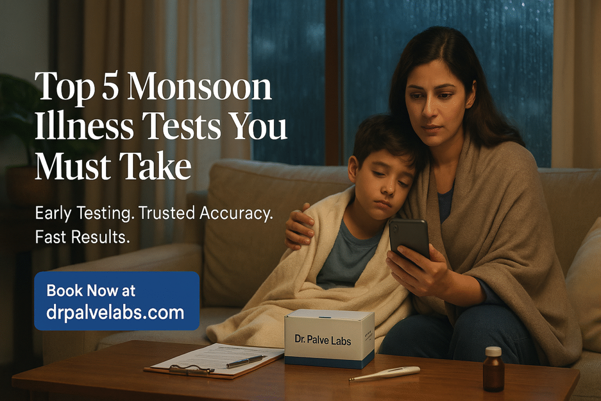 A concerned mother wrapped in a blanket holds her sick son close while looking at a smartphone. A test kit labeled "Dr. Palve Labs" and medical items are on the table in front of them. It's raining outside the window.