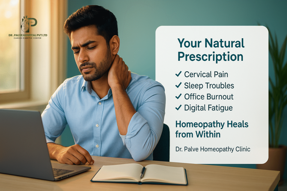 A young Indian man sitting at a desk, holding his neck in pain while working on a laptop. Beside him is a display board listing symptoms and promoting homeopathy treatment at Dr. Palve Hospital.