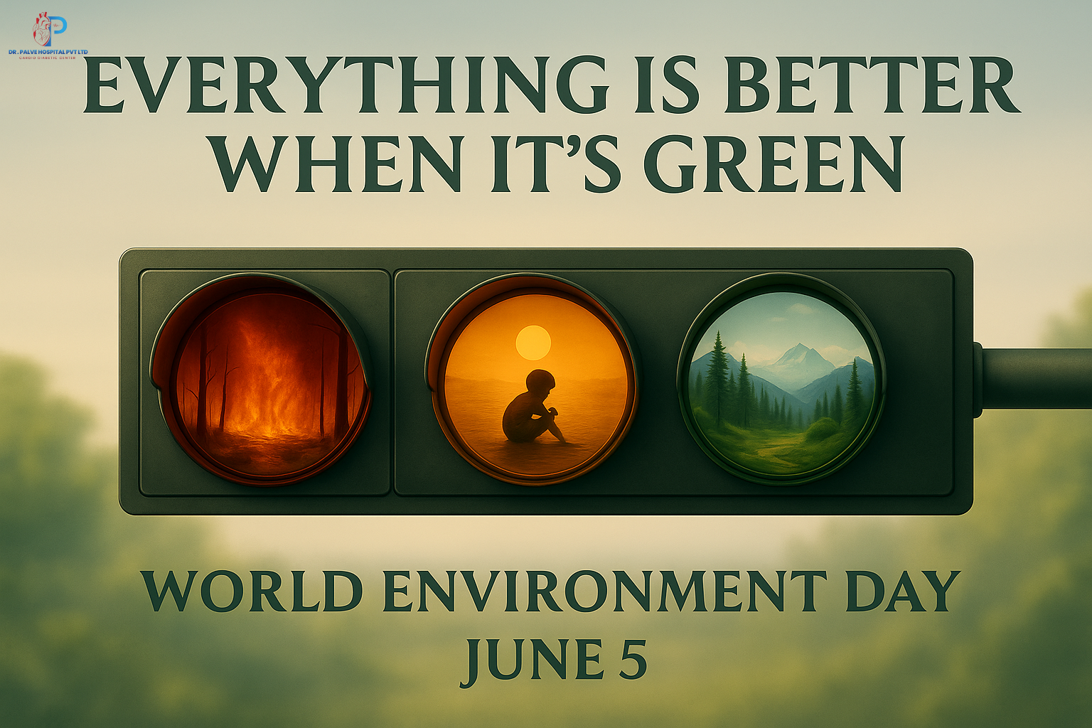Traffic signal with red showing forest fire, yellow showing a child sitting under the sun, and green showing lush green forests with mountains in the background. Text reads Everything is better when it’s green World Environment Day, June 5.